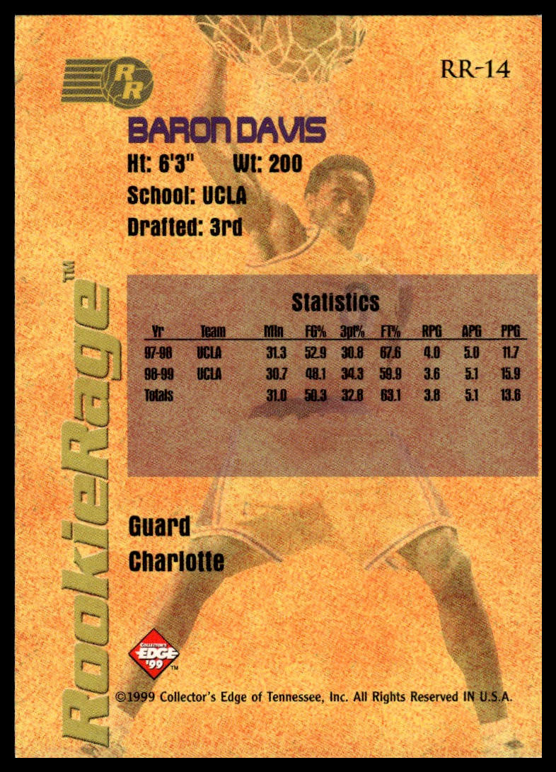 1999 Collector's Edge Rookie Rage #RR-14 Baron Davis Gold Ingot