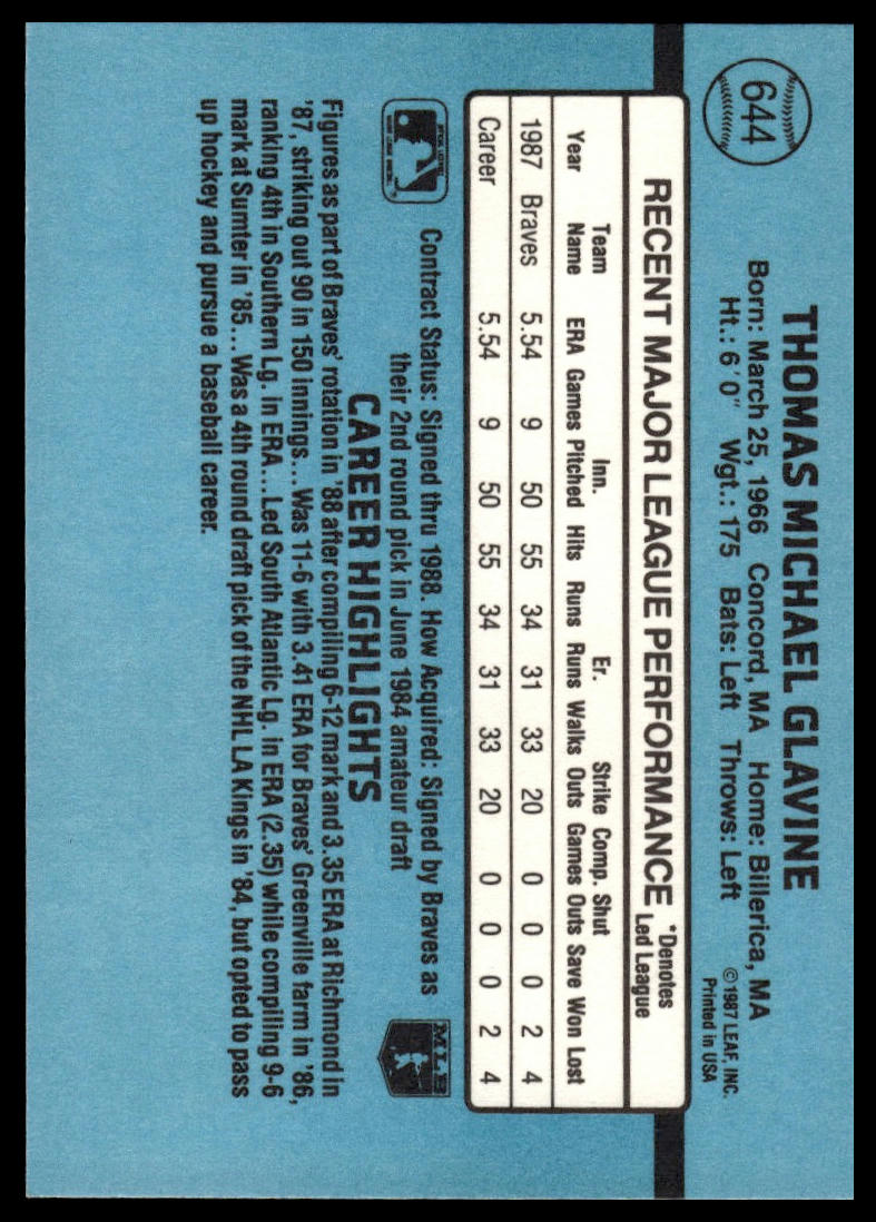 1988 Donruss #644b Tom Glavine