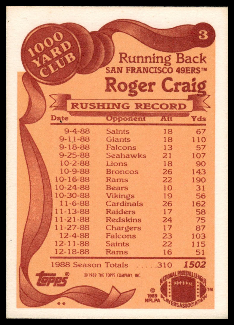 1989 Topps #3 Roger Craig 1000 Yard Club