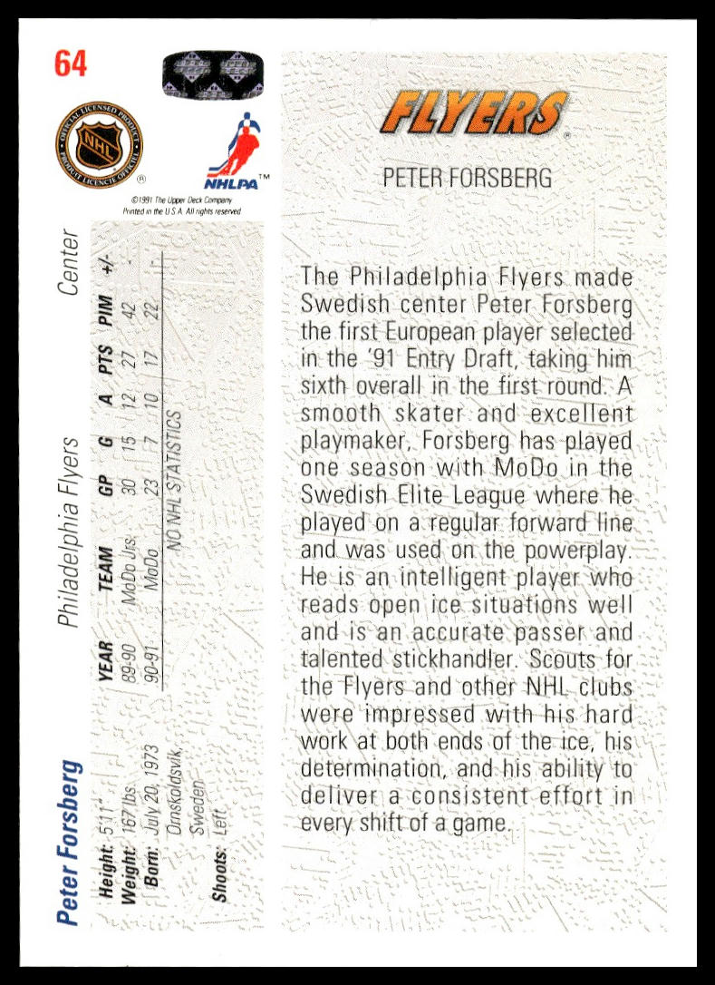 1991-92 Upper Deck #64b Peter Forsberg