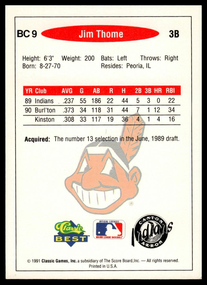 1991 Classic Best #BC9 Jim Thome Gold Bonus