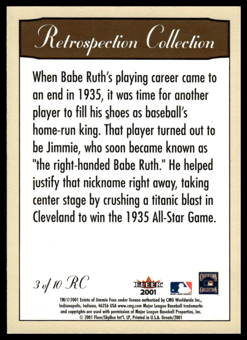 2001 Fleer Greats of the Game #3 RC Jimmie Foxx Retrospection Collection