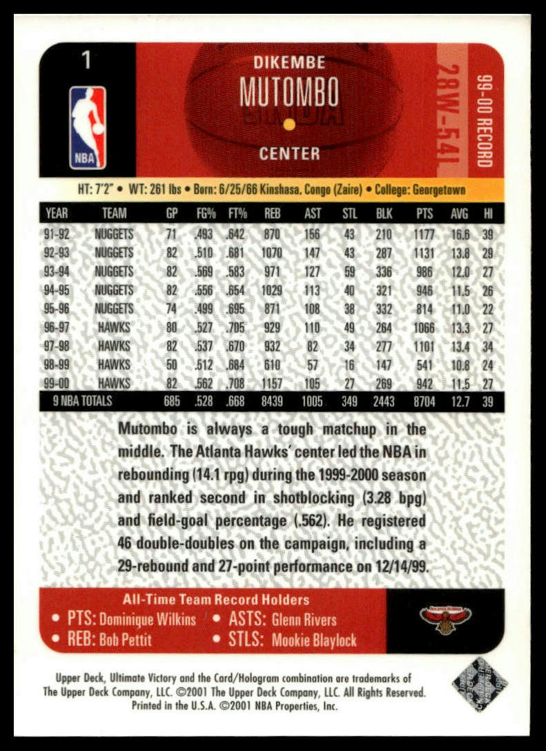 2000-01 Upper Deck Ultimate Victory #1 Dikembe Mutombo