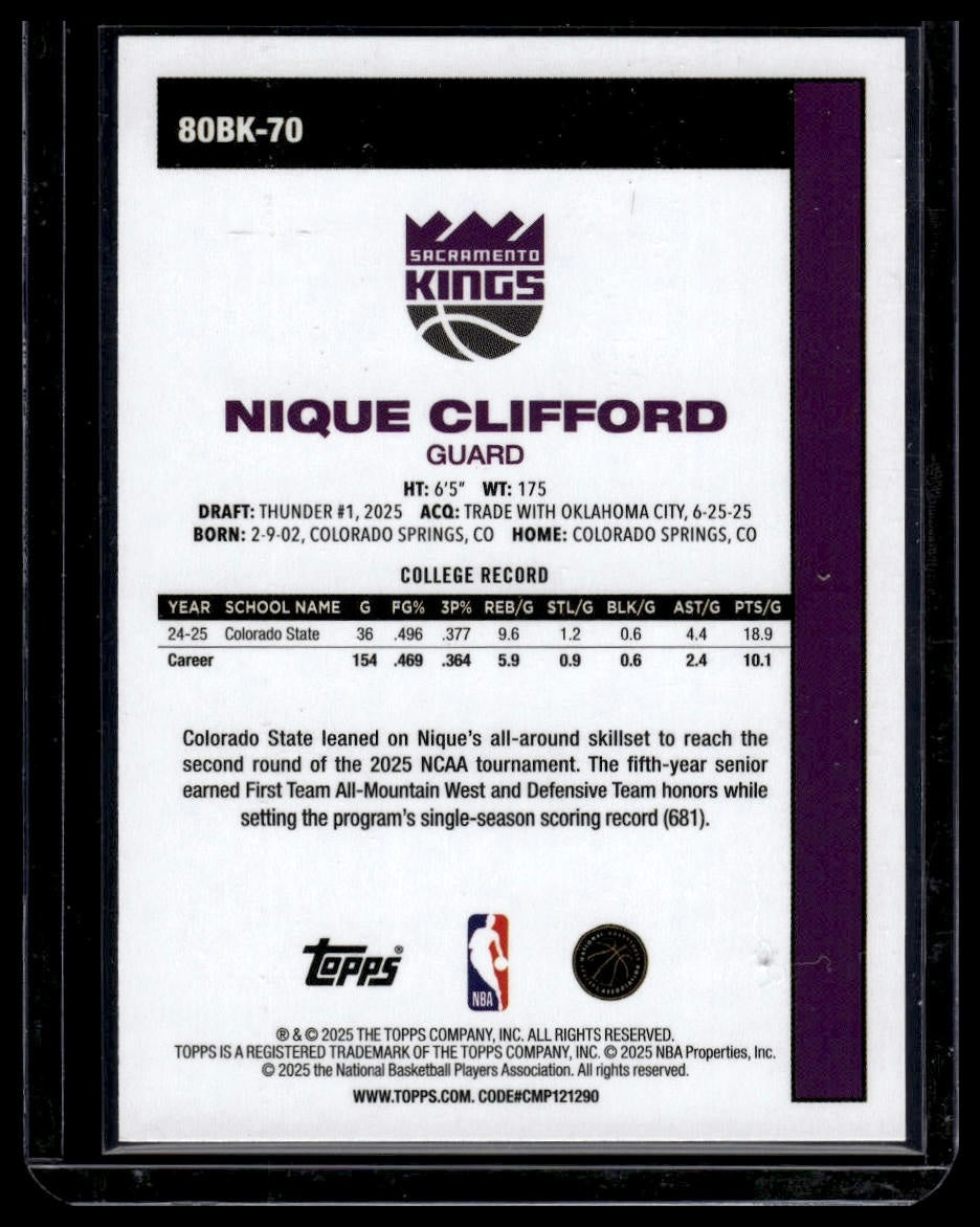 2025-26 Topps #80BK-70 Nique Clifford 1980-81 Topps Basketball