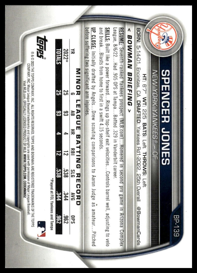 2023 Bowman #BP-139 Spencer Jones Prospects