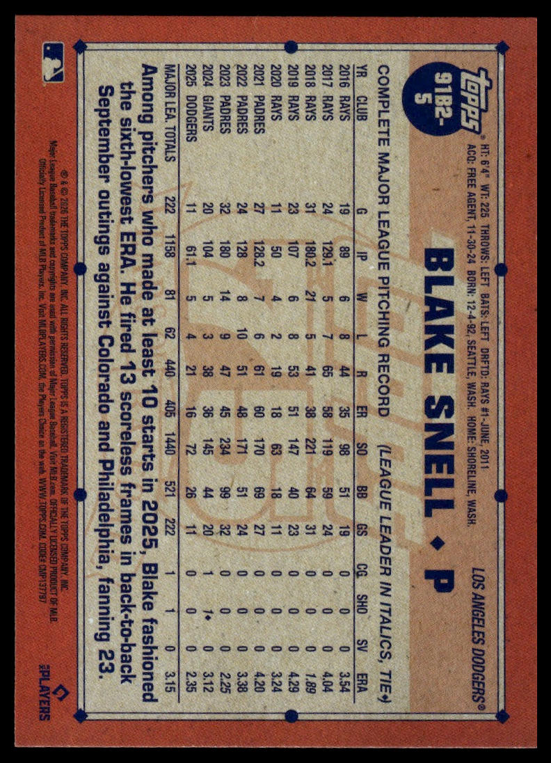 2026 Topps #91B2-5 Blake Snell 1991 Topps Baseball 35th Anniversary (Series Two)