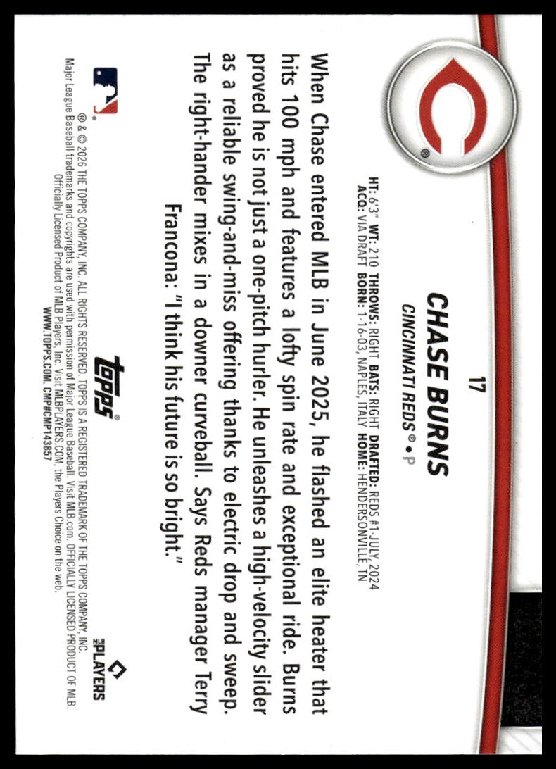 2026 Topps #17 Chase Burns Flagship Collection (Series Two)
