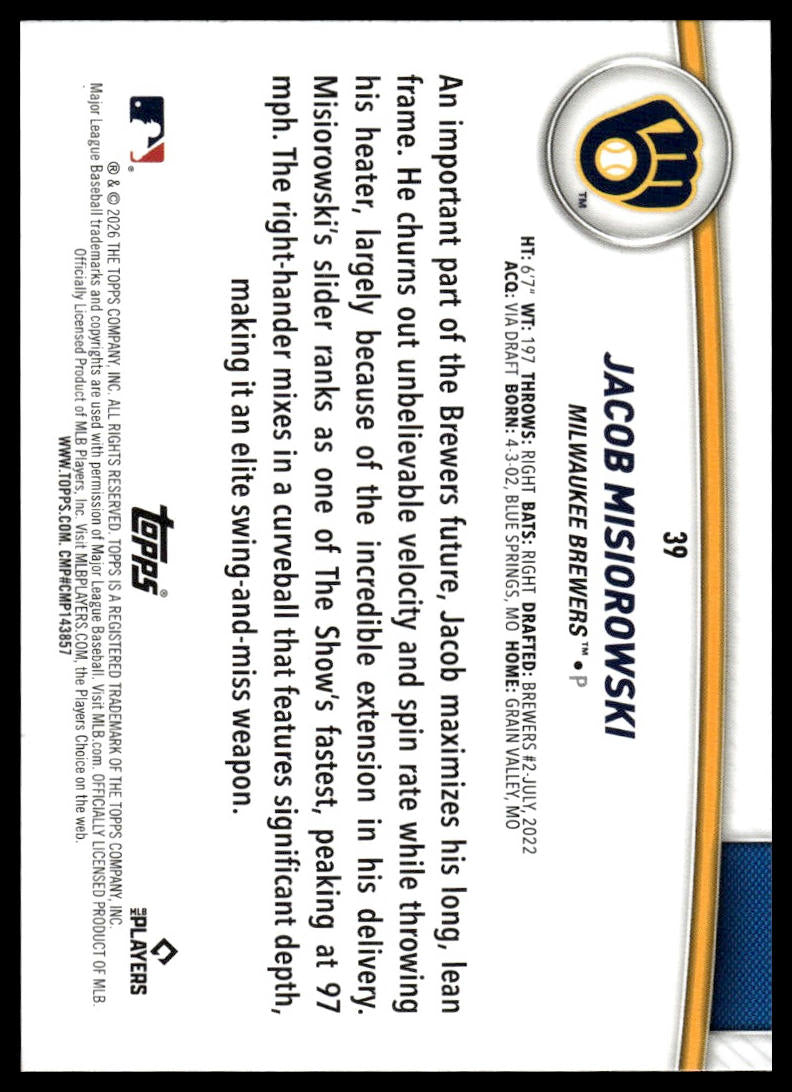 2026 Topps #39 Jacob Misiorowski Flagship Collection (Series Two)