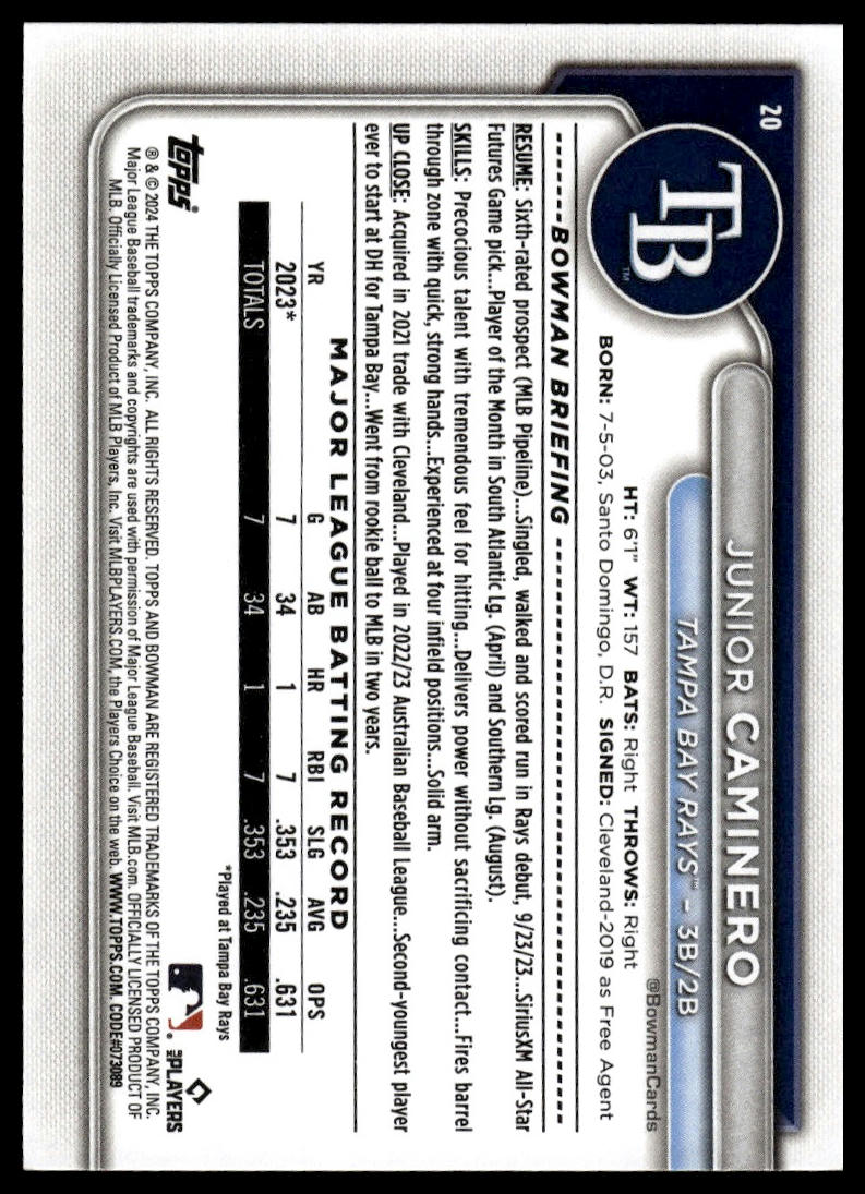 2023 Bowman #BCP-61 Junior Caminero Chrome Prospects Mojo Gold Refractor #/50