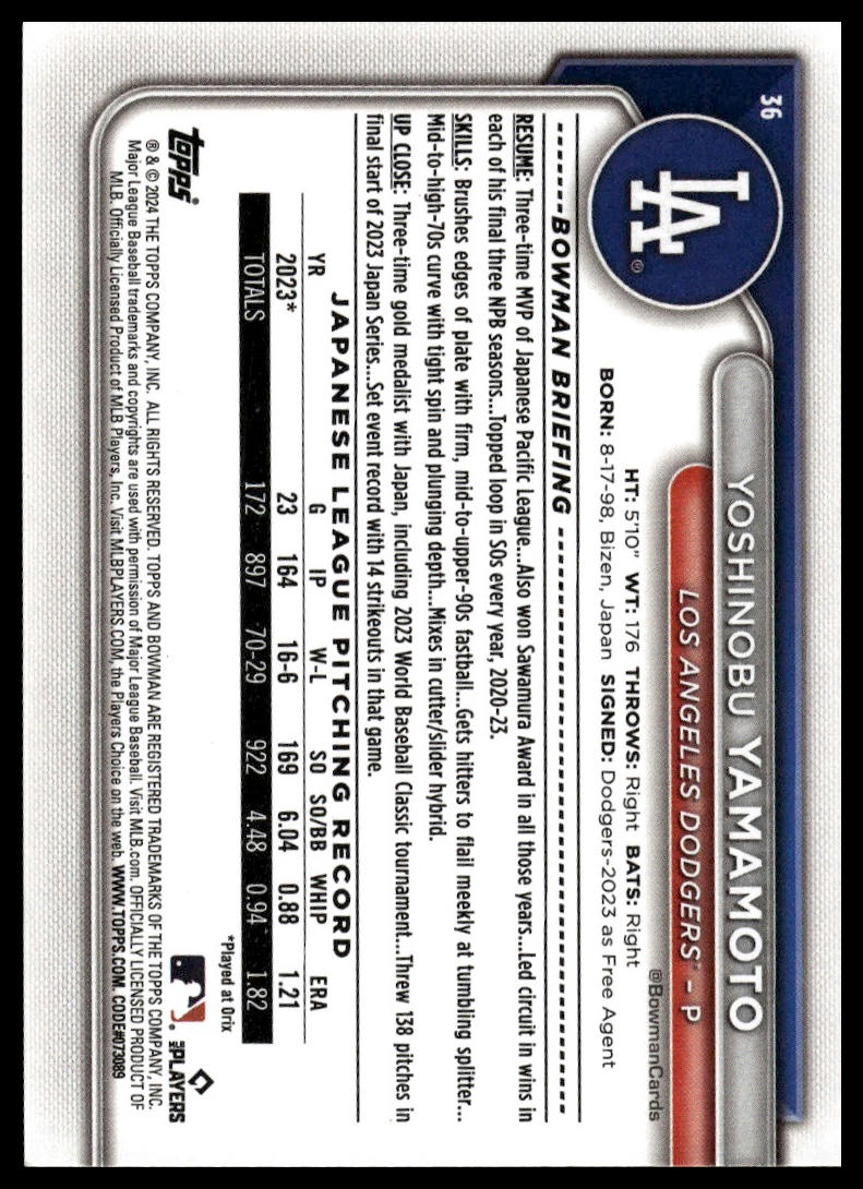 2024 Bowman #36 Yoshinobu Yamamoto