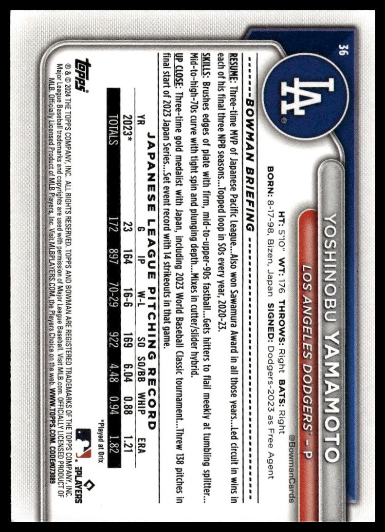 2024 Bowman #36 Yoshinobu Yamamoto