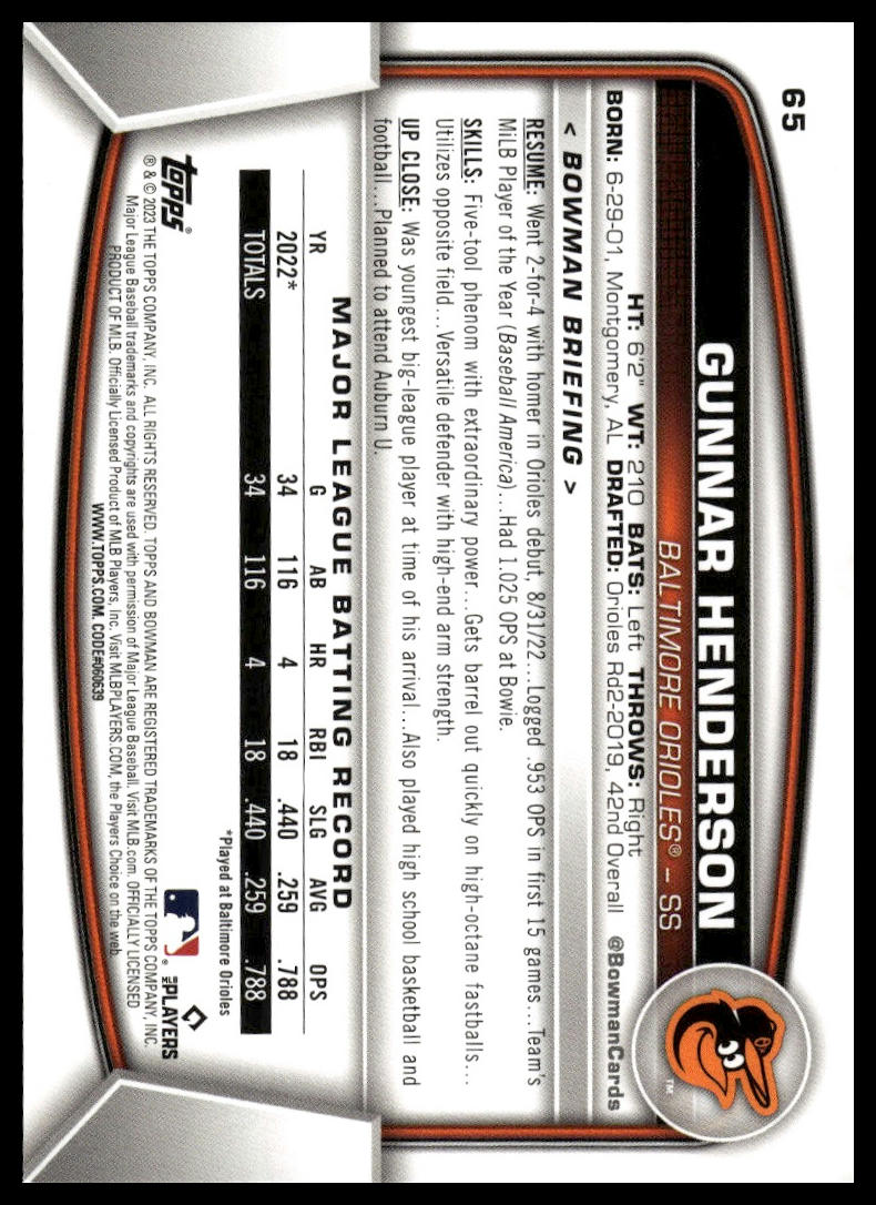 2023 Bowman #65 Gunnar Henderson
