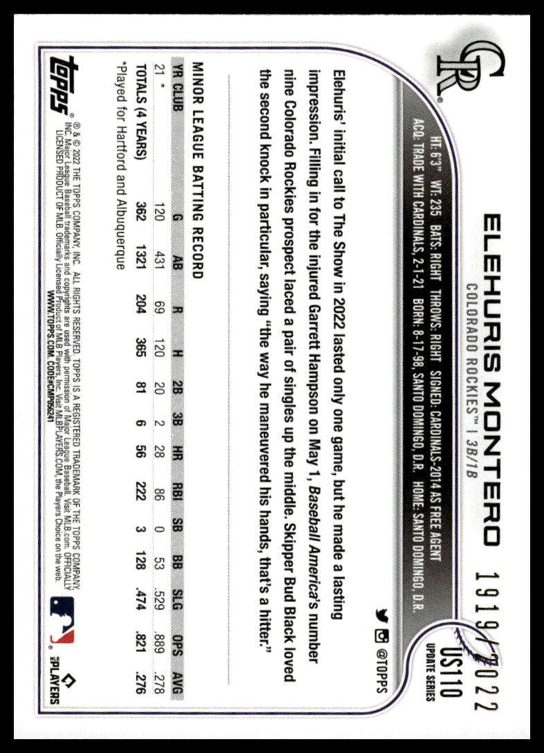 2022 Topps Update #US110 Elehuris Montero Gold #/2022