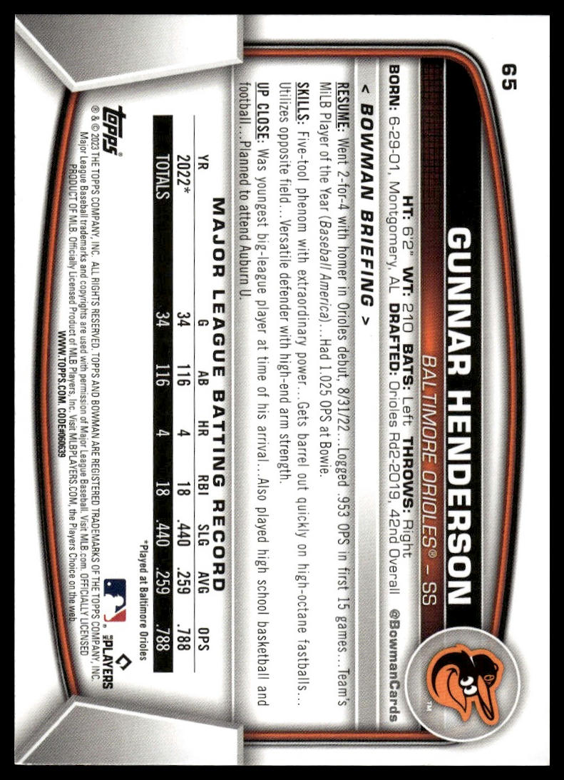 2023 Bowman #65 Gunnar Henderson