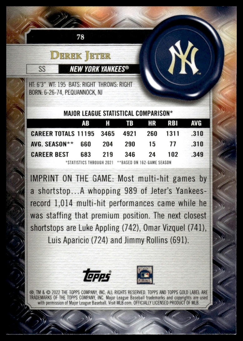 2022 Topps Gold Label #78 Derek Jeter Class 1 Black