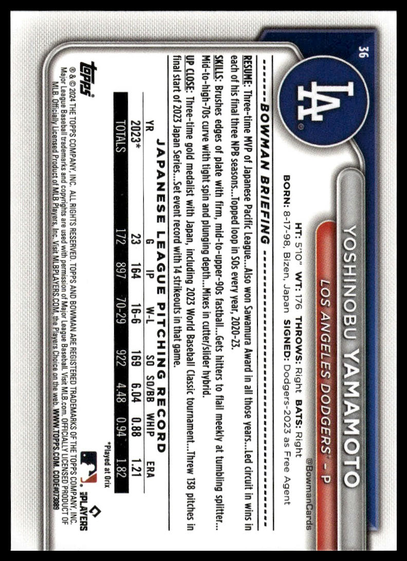 2024 Bowman #36 Yoshinobu Yamamoto