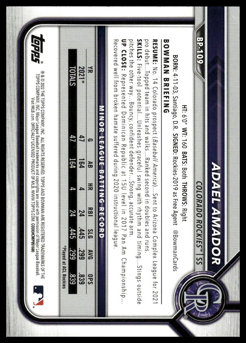 2022 Bowman #BP-109 Adael Amador Prospects Purple #/250