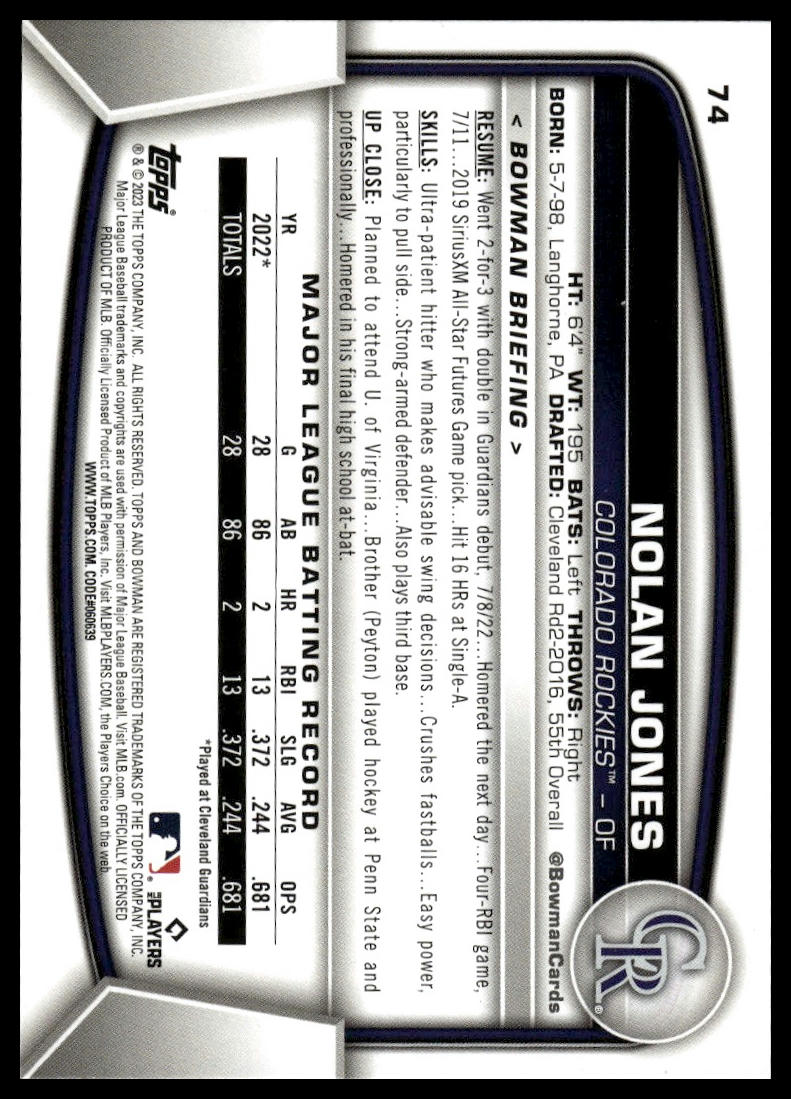 2023 Bowman #74 Nolan Jones Sky Blue #/499