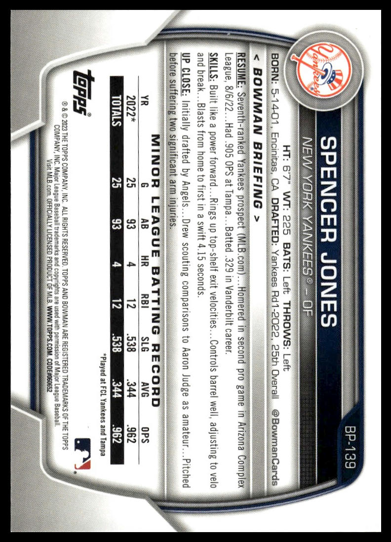 2023 Bowman #BP-139 Spencer Jones Prospects