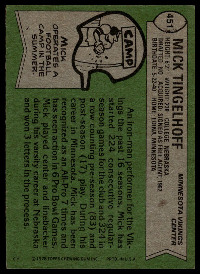 1978 Topps #451 Mick Tingelhoff