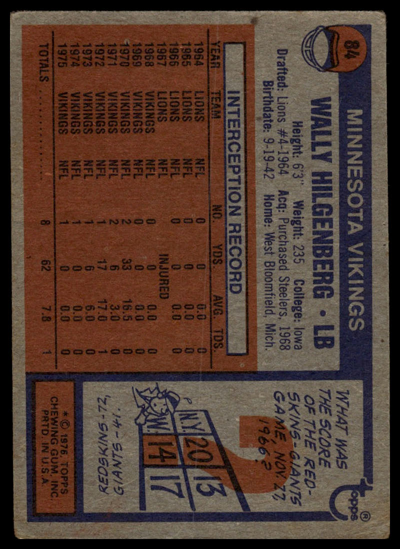 1976 Topps #84 Wally Hilgenberg