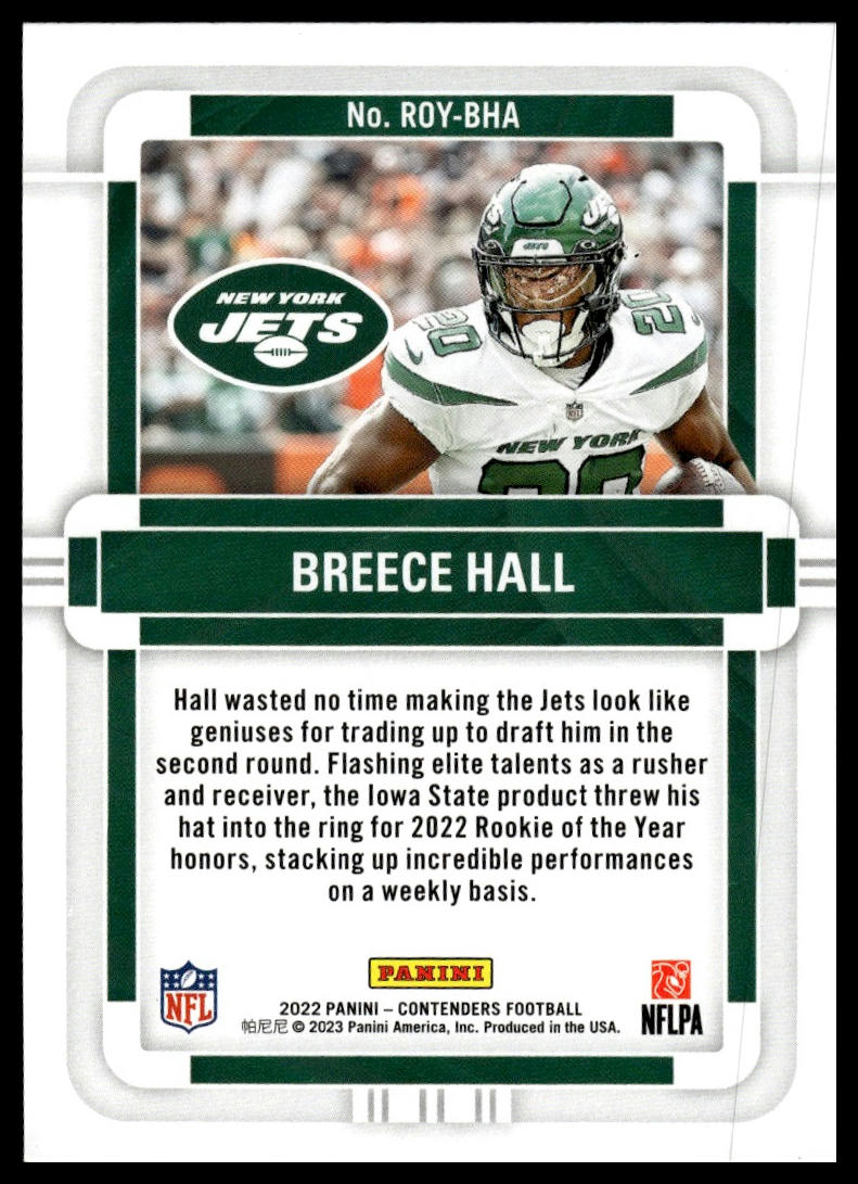 2022 Panini Contenders ROY-BHA Breece Hall Rookie of the Year Contenders Emerald