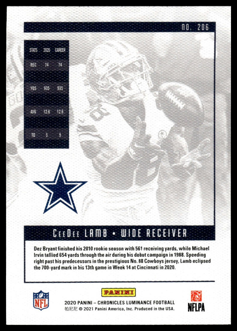2020 Panini Chronicles #206 CeeDee Lamb Luminance Update Rookies