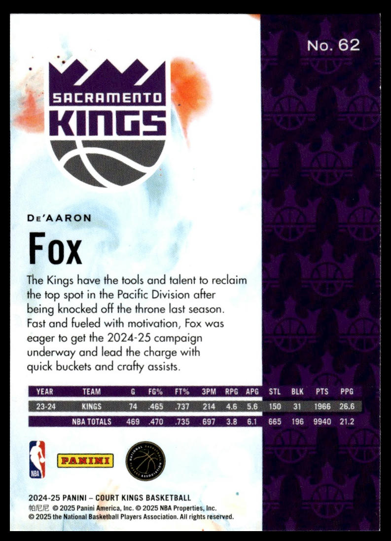 2024-25 Panini Court Kings #62 De'Aaron Fox