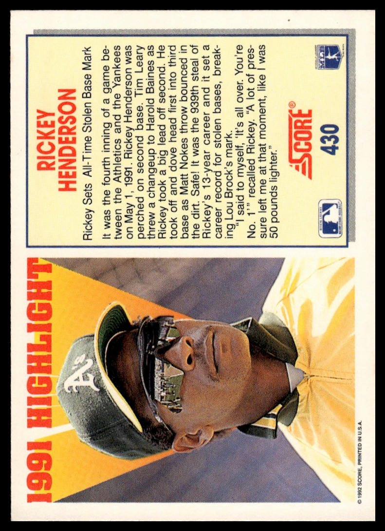 1992 Score #430 Rickey Henderson