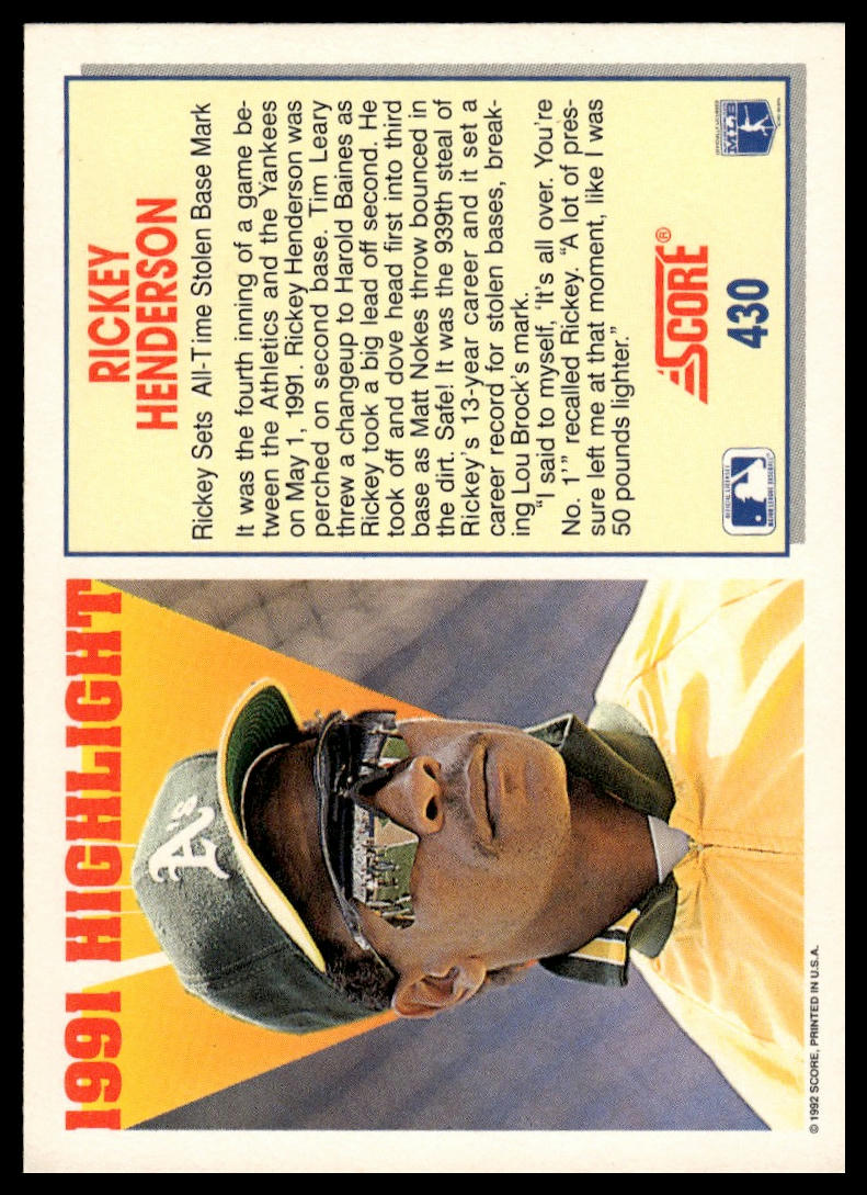1992 Score #430 Rickey Henderson