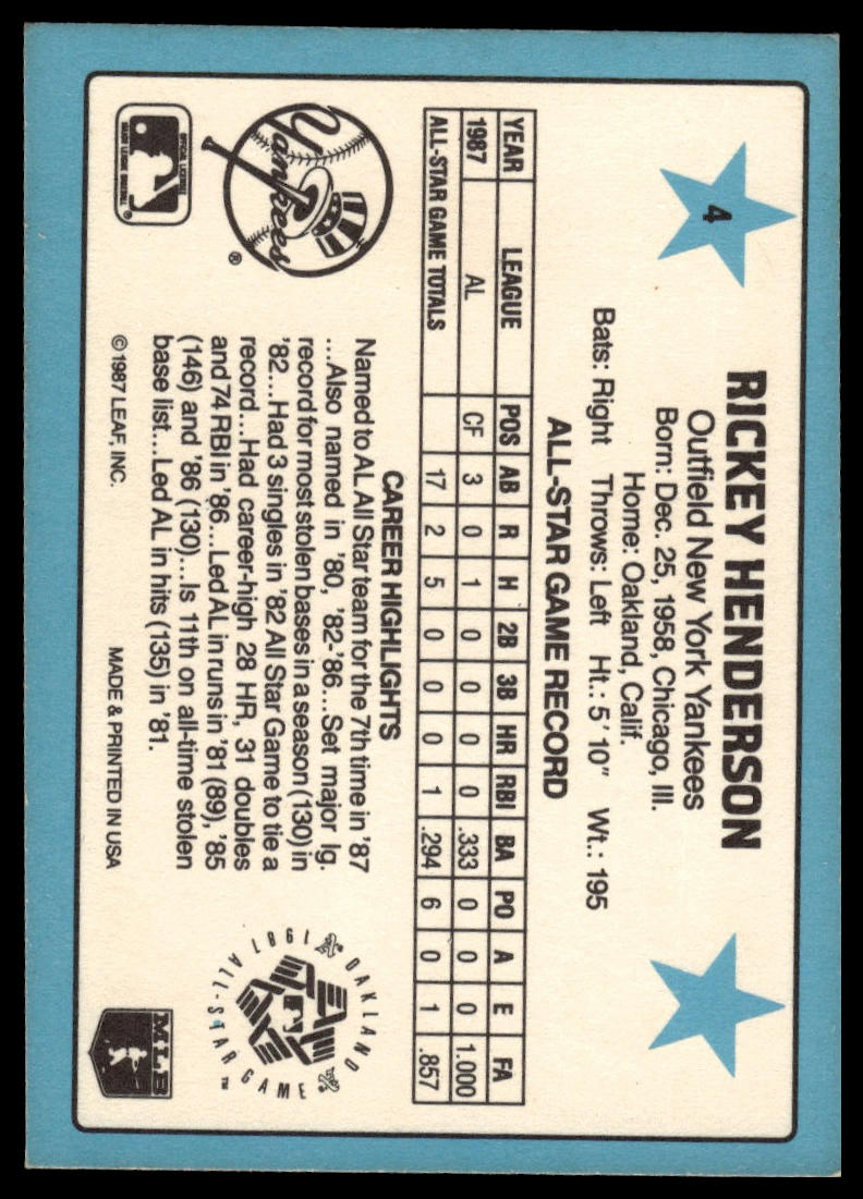 1988 Donruss All-Stars #4 Rickey Henderson