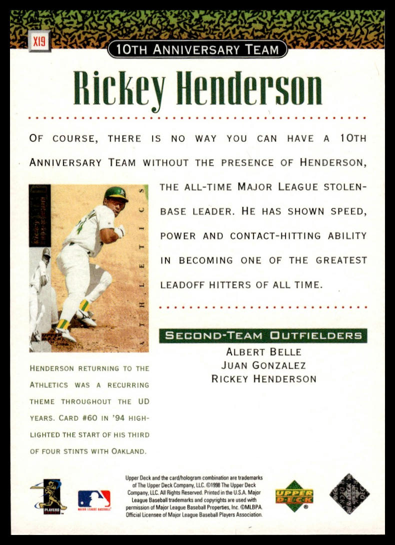 1999 Upper Deck #X19 Rickey Henderson 10th Anniversary Team