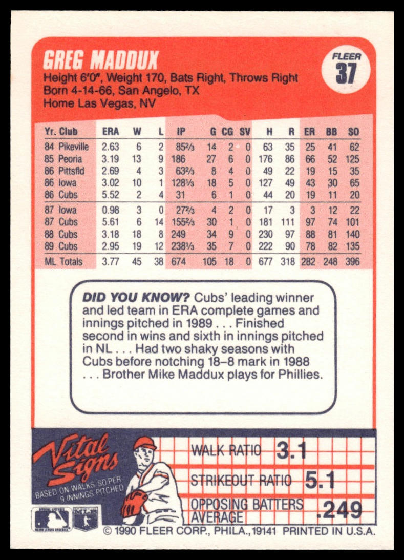1990 Fleer #37 Greg Maddux