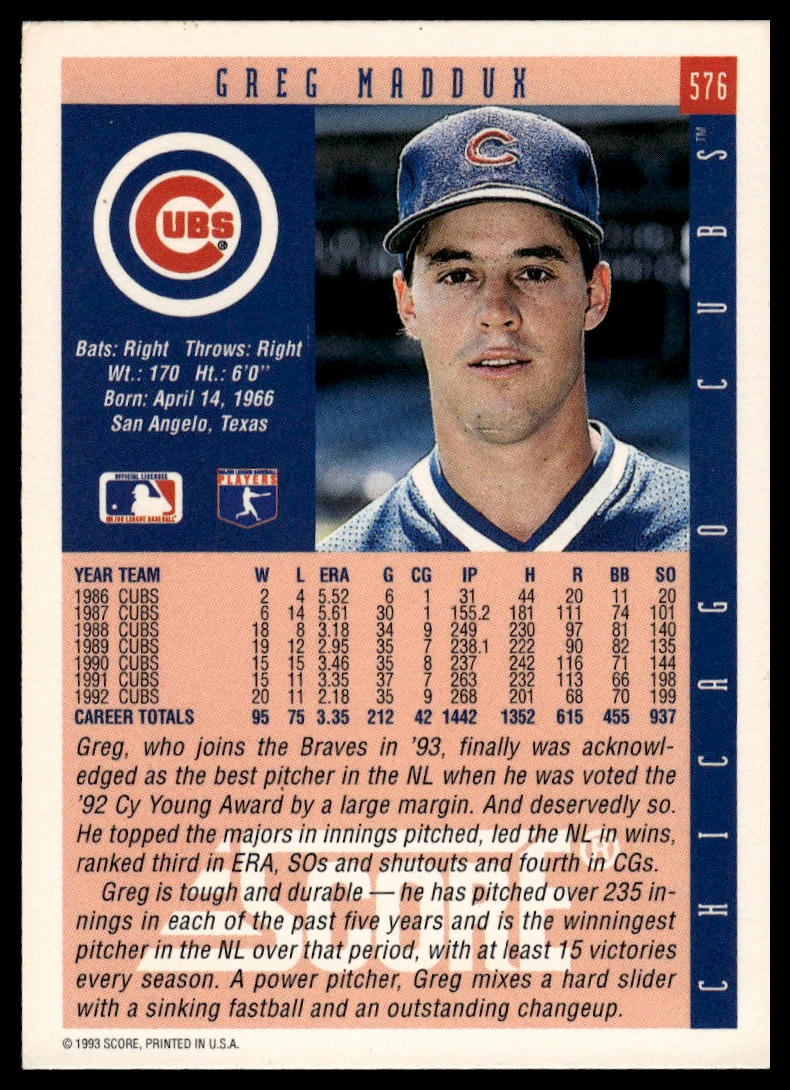 1993 Score #576 Greg Maddux