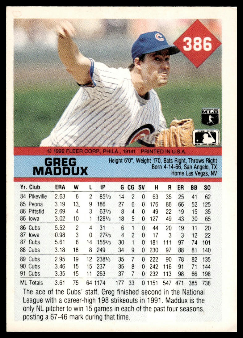 1992 Fleer #386b Greg Maddux