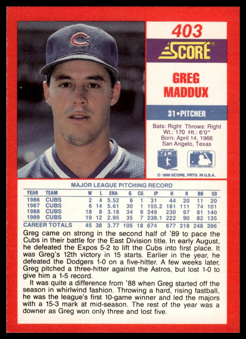 1990 Score #403 Greg Maddux