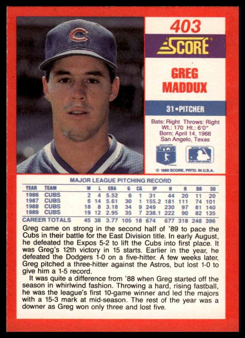 1990 Score #403 Greg Maddux