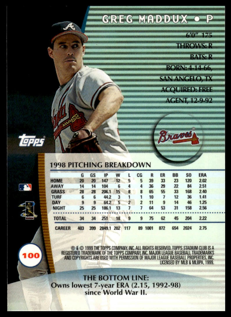 1999 Stadium Club #100 Greg Maddux