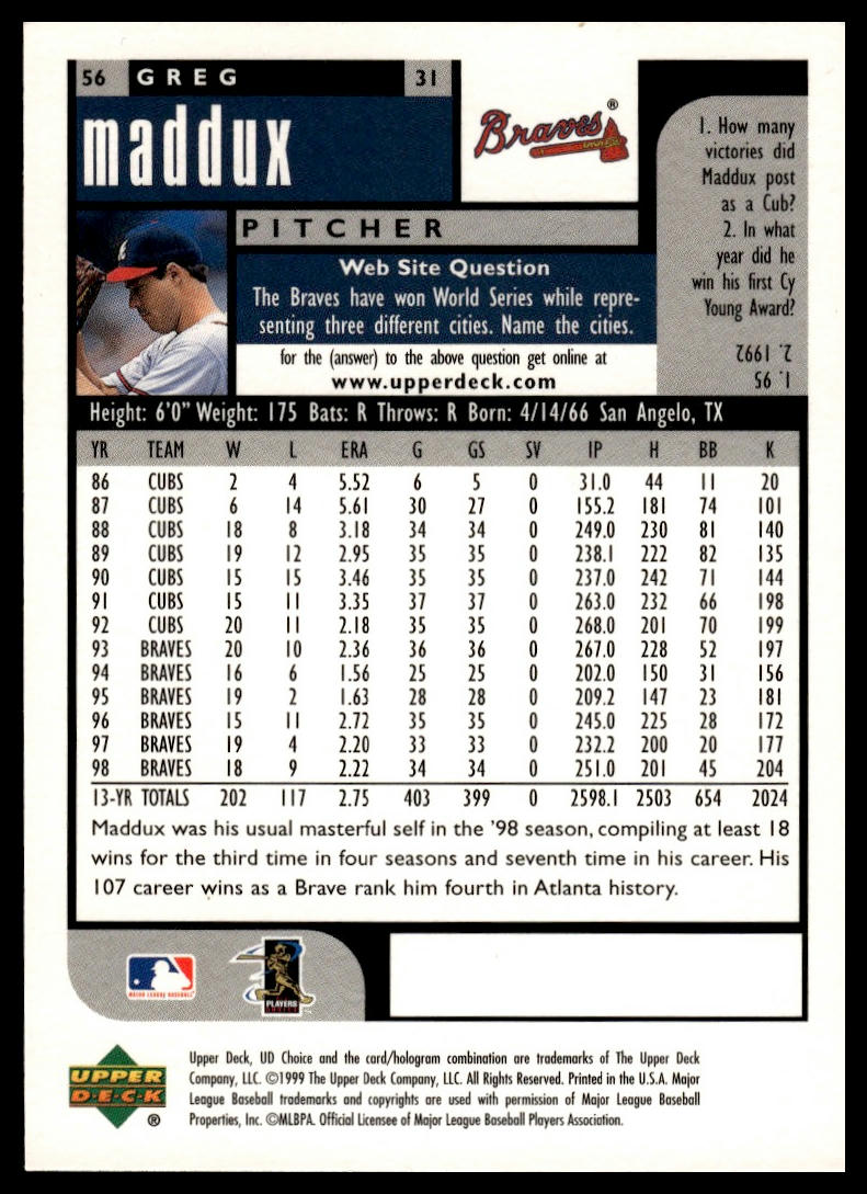 1999 UD Choice Preview #56 Greg Maddux