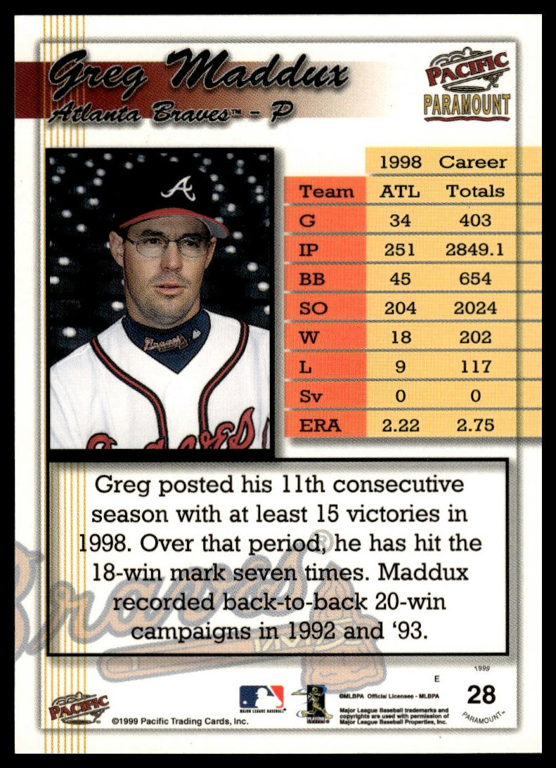 1999 Pacific Paramount #28 Greg Maddux Copper