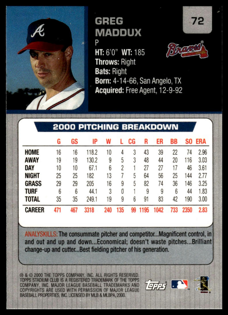 2001 Stadium Club #72 Greg Maddux