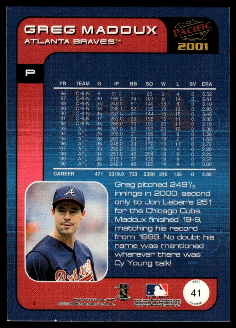 2001 Pacific #41 Greg Maddux Premiere Date #/36