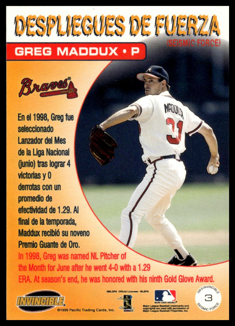 1999 Pacific Invincible #3a Greg Maddux Seismic Force : Portrait