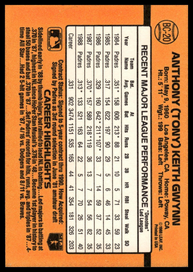 1989 Donruss #BC-20b Tony Gwynn Bonus MVP's : "© 1988 LEAF, INC." & * Denotes *
