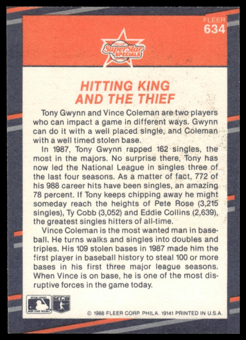 1988 Fleer #634 Hitting King &amp; the Thief (Tony Gwynn / Vince Coleman)