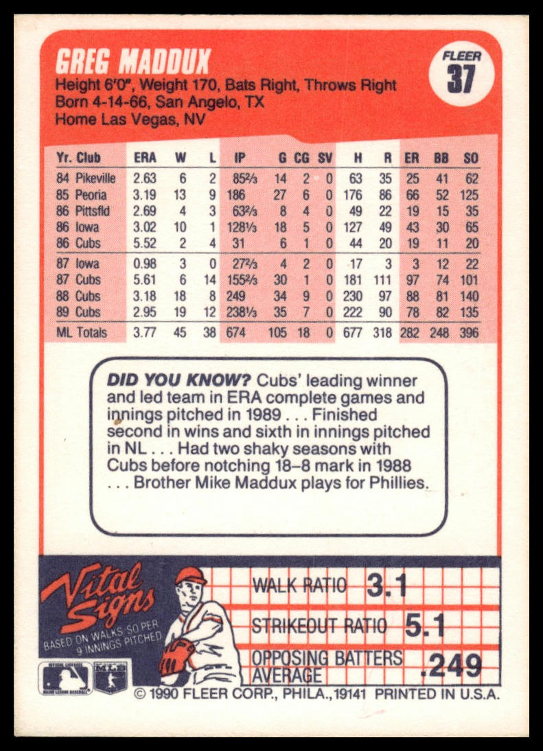 1990 Fleer #37b Greg Maddux
