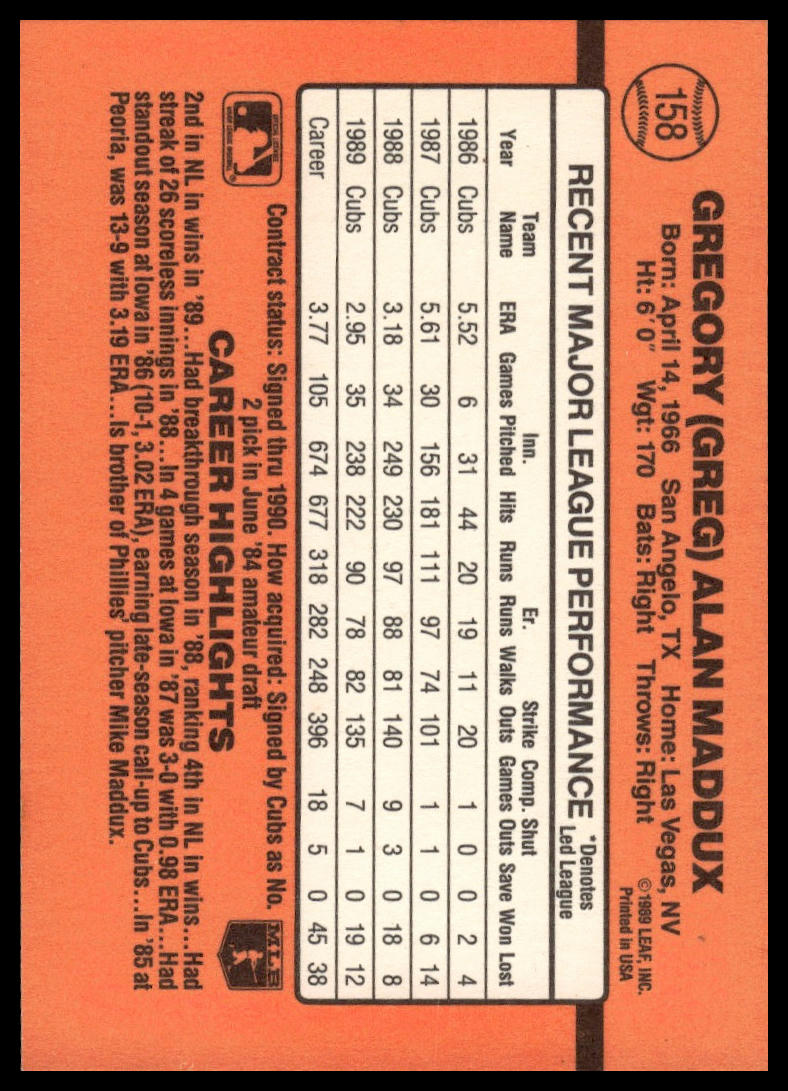 1990 Donruss #158 Greg Maddux