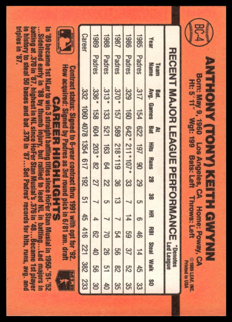 1990 Donruss #BC-4 Tony Gwynn Bonus MVP's