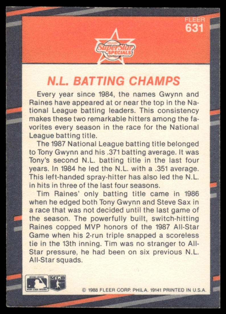 1988 Fleer #631 National League Batting Champs (Tony Gwynn / Tim Raines)
