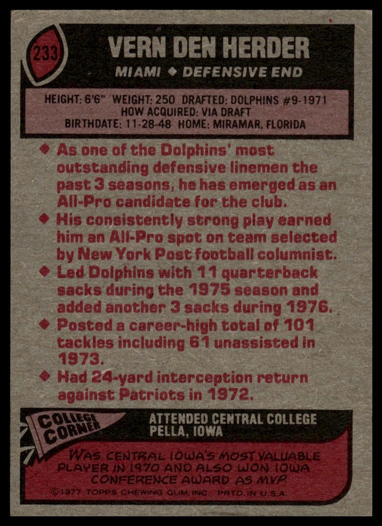1977 Topps #233 Vern Den Herder